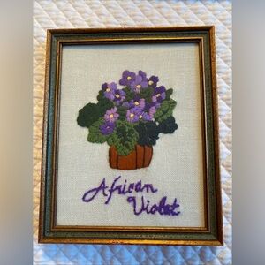 Vintage Crewel African Violet Wall Art, Floral Crewel, Retro Decor  MCM 6”x7.5”